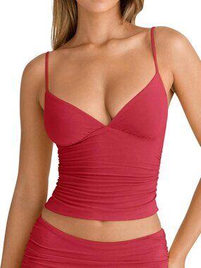 Women's Red V Neck Ruched Sleeveless Spaghetti Double Fitted Tank Tops